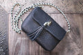 Genuine Python Skin Chain Tassel Crossbody Bag — Black