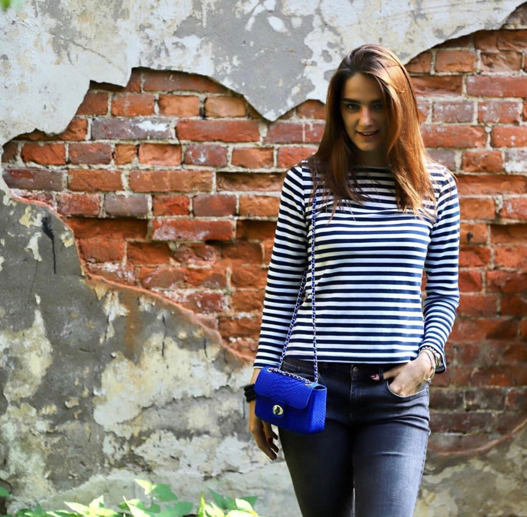 Royal Blue Crossbody Bag Genuine Python Skin | Adjustable Chain Classy Elegant Bright Blue Crossbody Small Lady Summer Bag | Python Purse