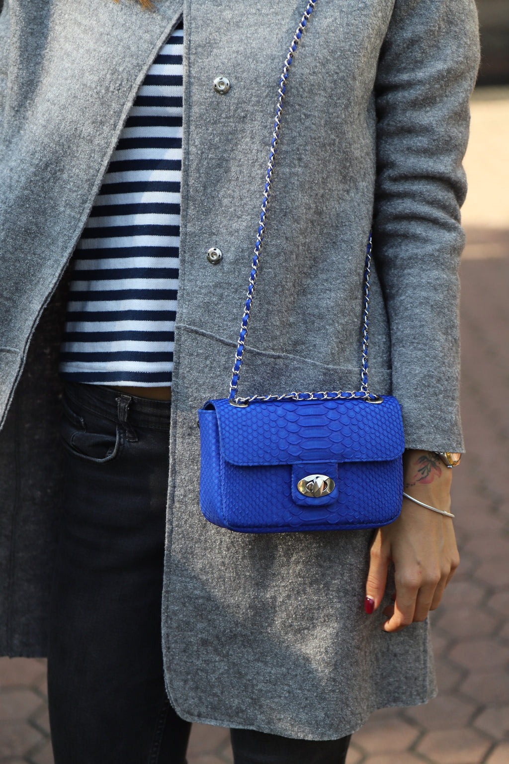 Royal Blue Crossbody Bag Genuine Python Skin | Adjustable Chain Classy Elegant Bright Blue Crossbody Small Lady Summer Bag | Python Purse