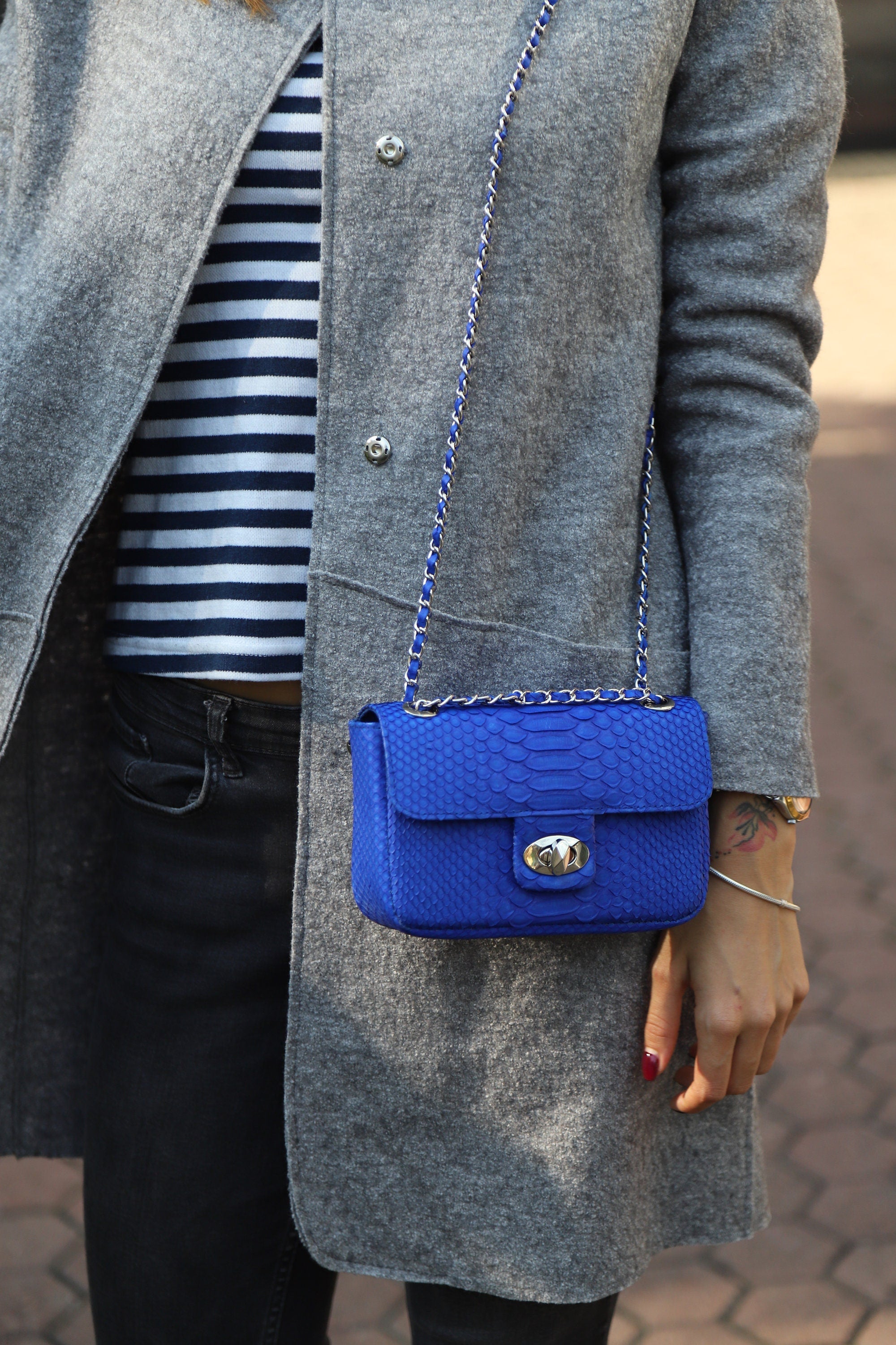 Royal Blue Crossbody Bag Genuine Python Skin