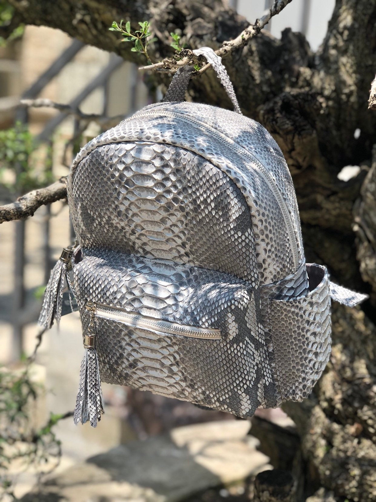 Genuine Python Skin Backpack — Grey