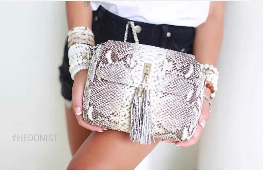 Genuine Python Skin Chain Tassel Crossbody Bag — Gray