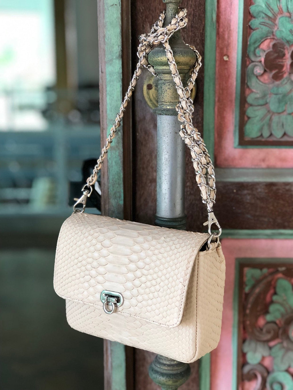 Genuine Python Skin Cream Color Crossbody Detachable Chain Handbag Mini Summer Elegant Classy Purse Clutch, Milk Color Python Leather Lady — Red