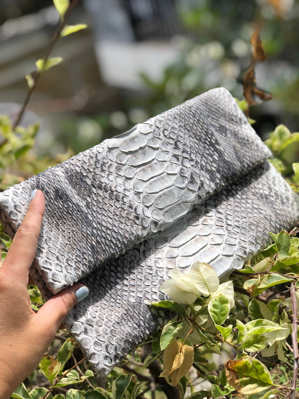 Genuine Python Skin Envelope Clutch — Grey Natural