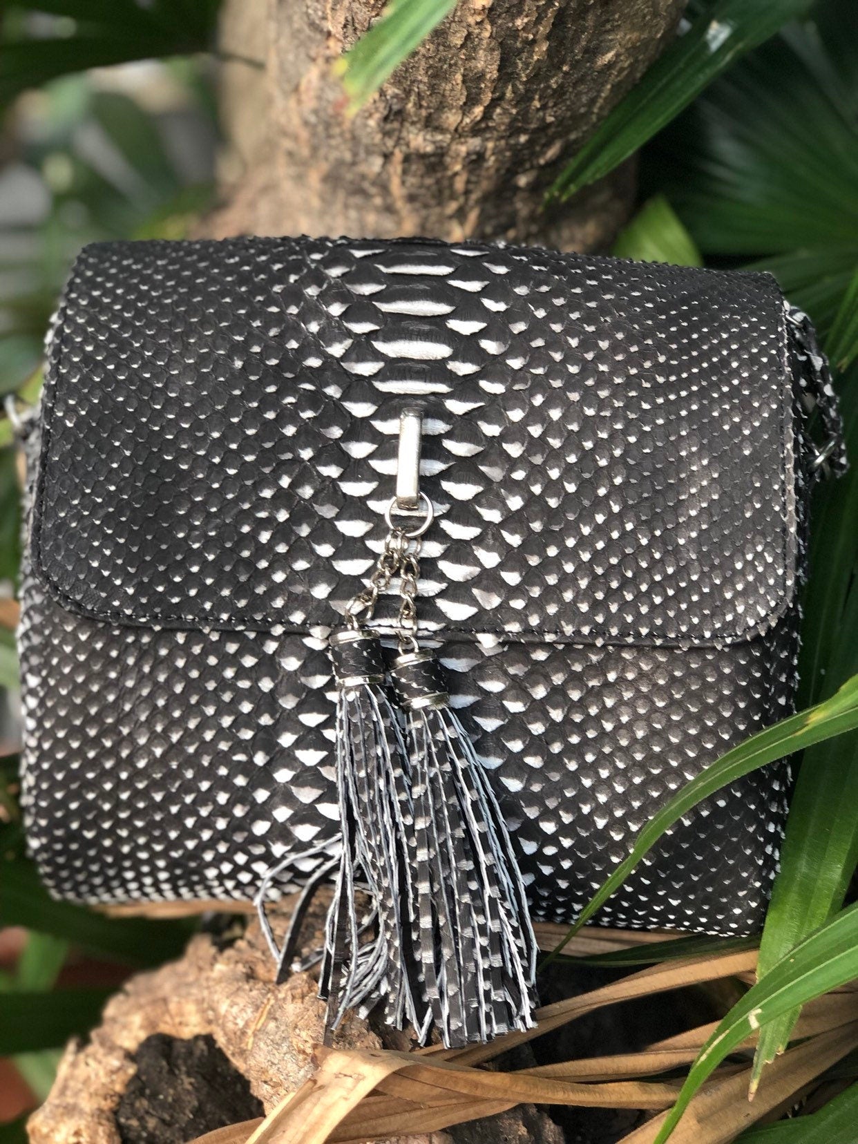 Genuine Python Skin Chain Tassel Bag — Black & White