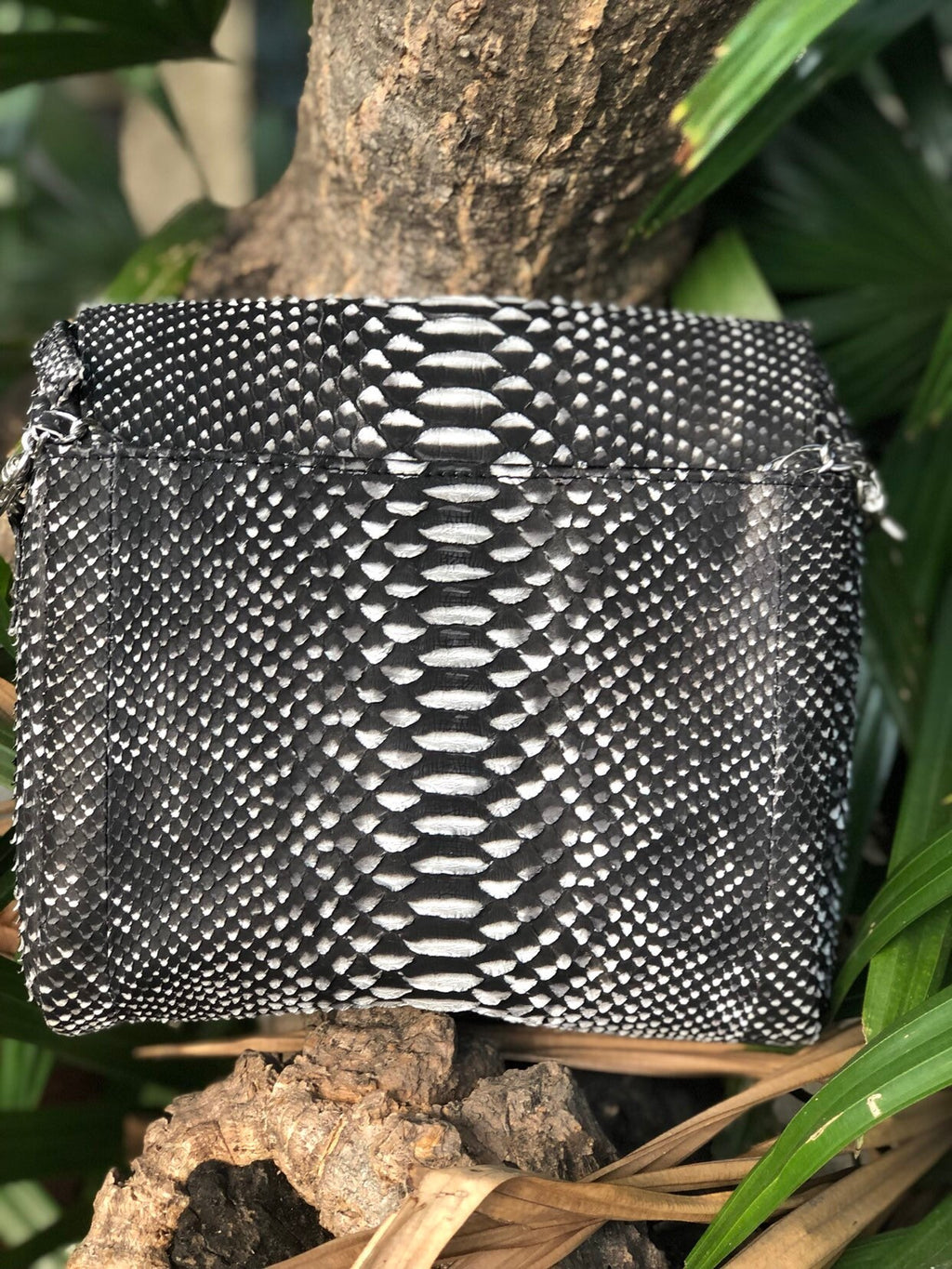 Genuine Python Skin Chain Tassel Bag — Black & White