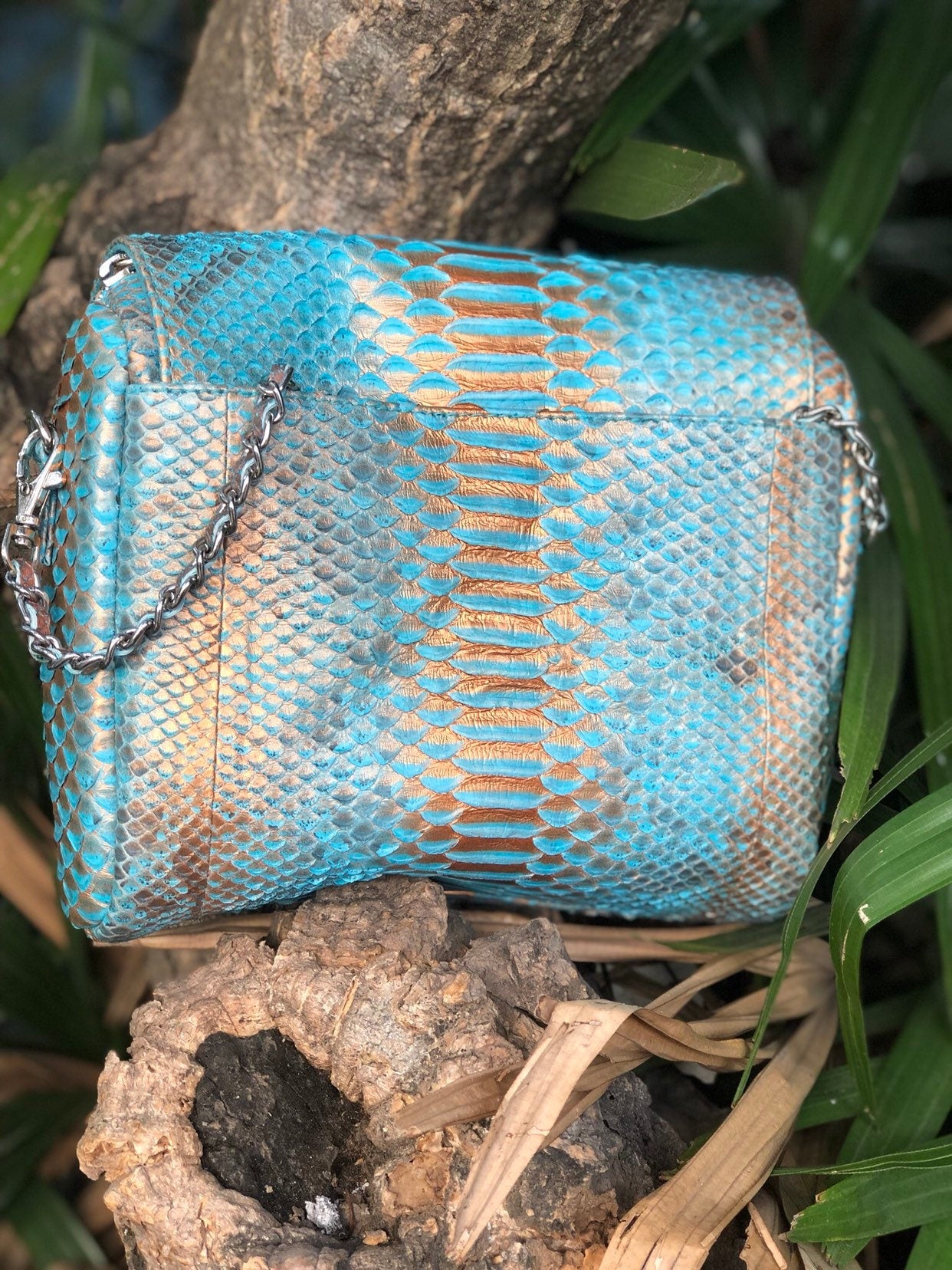 Genuine Python Skin Classy Crossbody Chain Bag Handmade — Blue