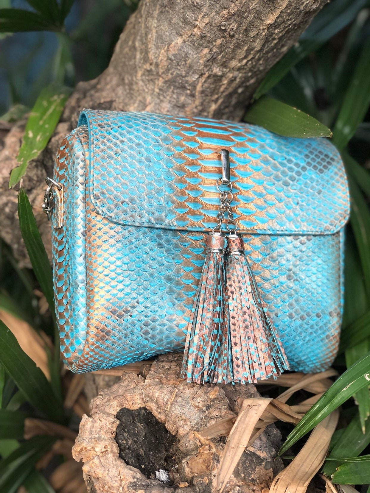 Genuine Python Skin Classy Crossbody Chain Bag Handmade — Blue