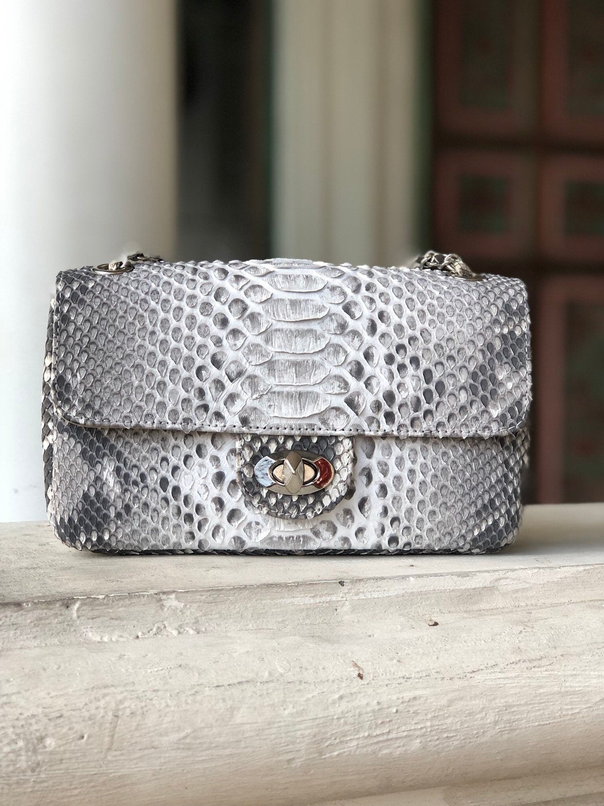 Genuine Python Skin Crossbody Natural Scale Gray Bag — Red