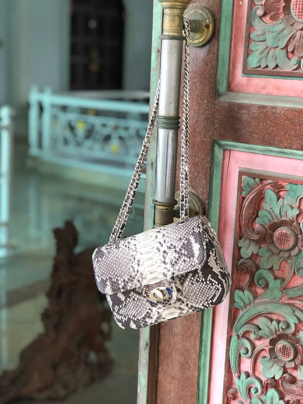 Genuine Python Skin Small Crossbody Bag — Light Grey