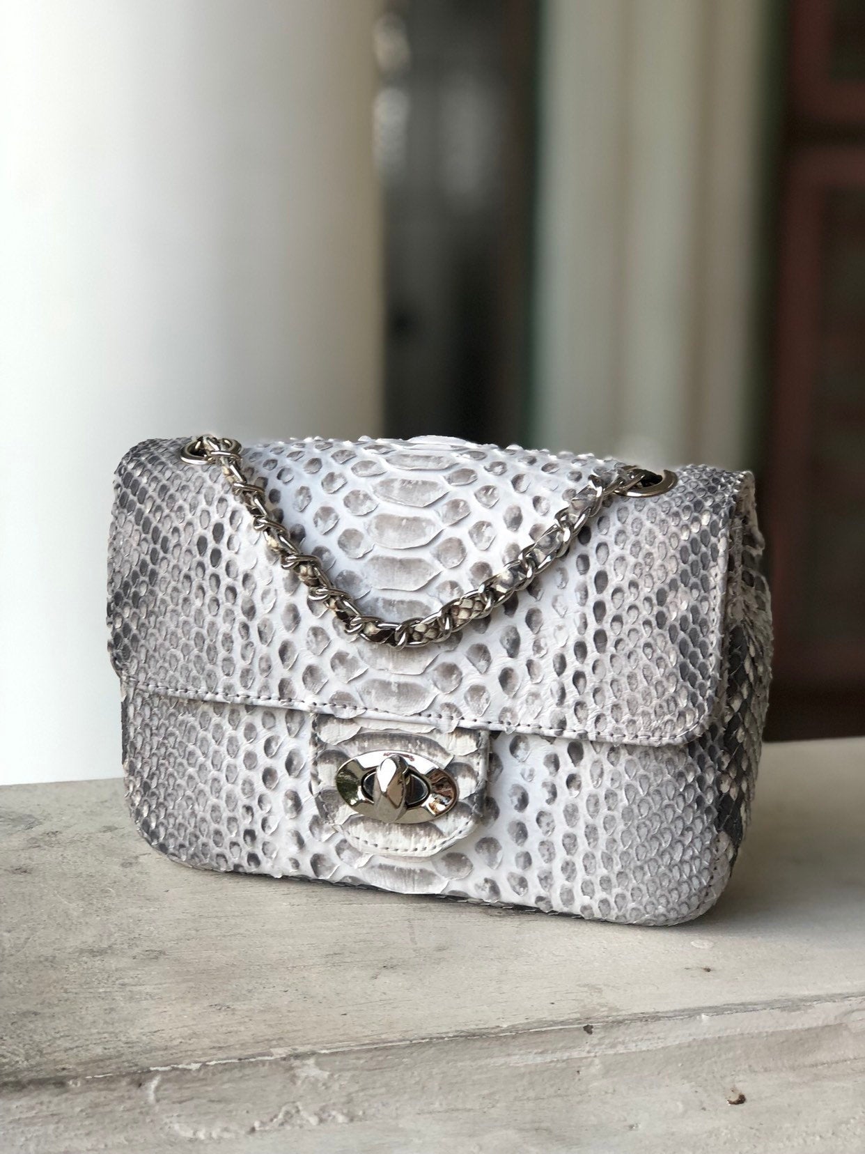 Genuine Python Skin Small Crossbody Bag — Light Grey