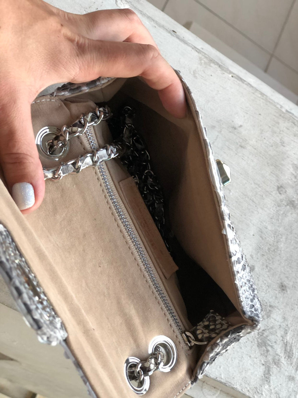 Genuine Python Skin Small Crossbody Bag — Light Grey