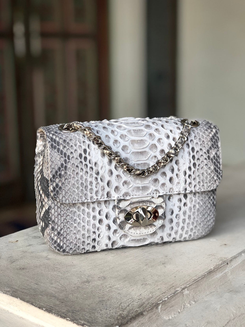 Genuine Python Skin Small Crossbody Bag — Light Grey