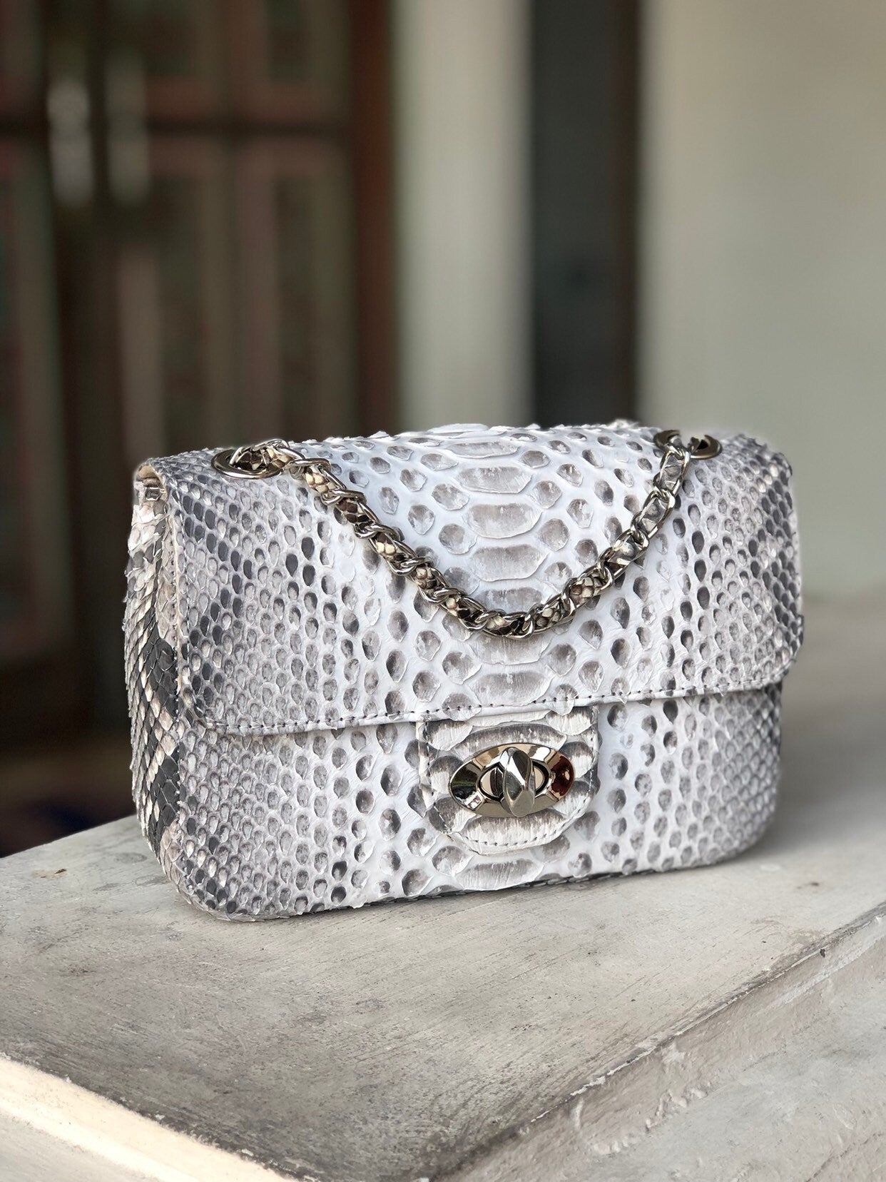 Genuine Python Skin Small Crossbody Bag — Light Grey