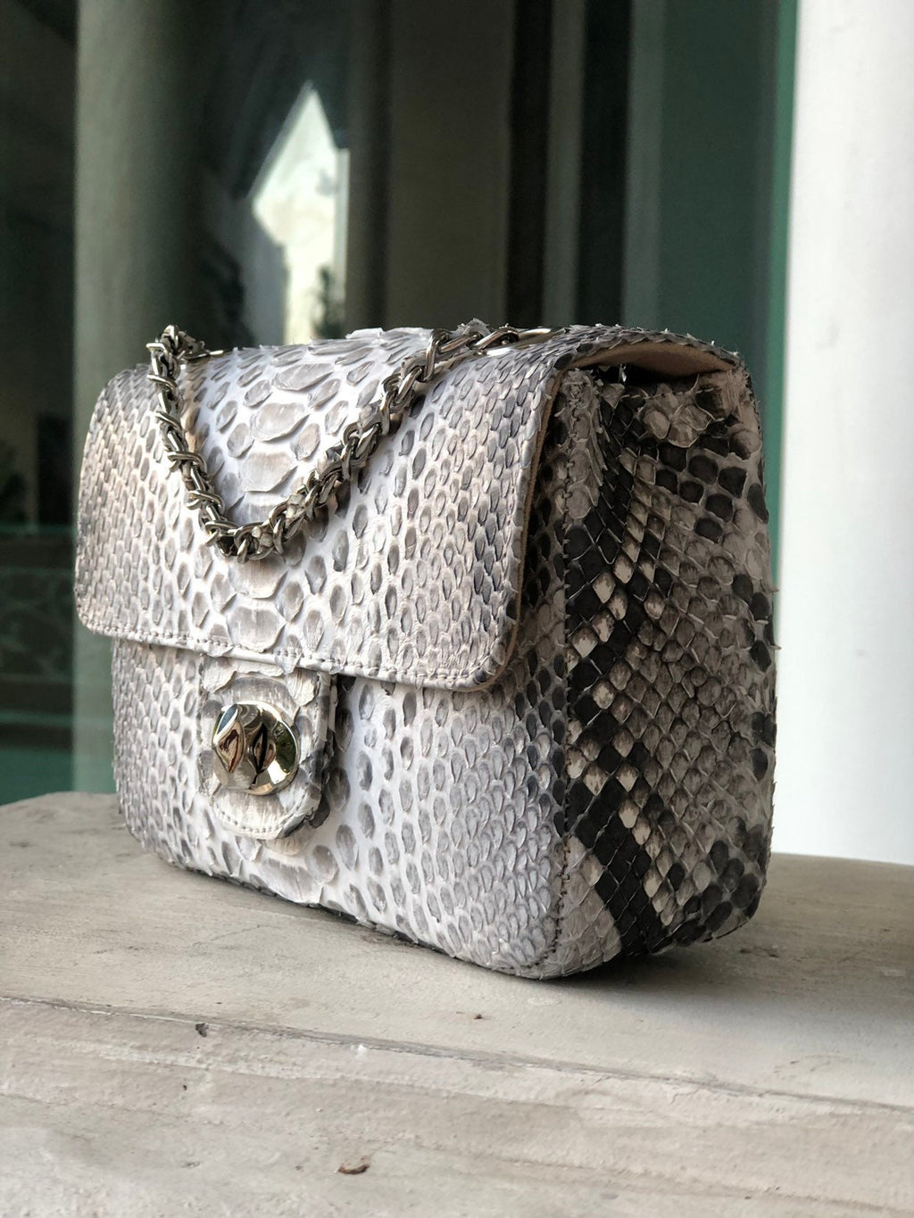 Genuine Python Skin Small Crossbody Bag — Light Grey