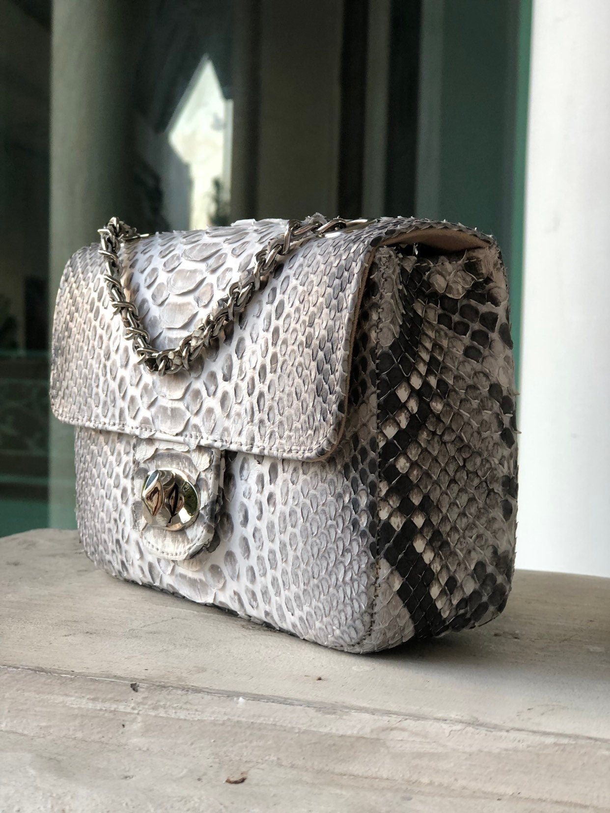 Genuine Python Skin Small Crossbody Bag — Light Grey