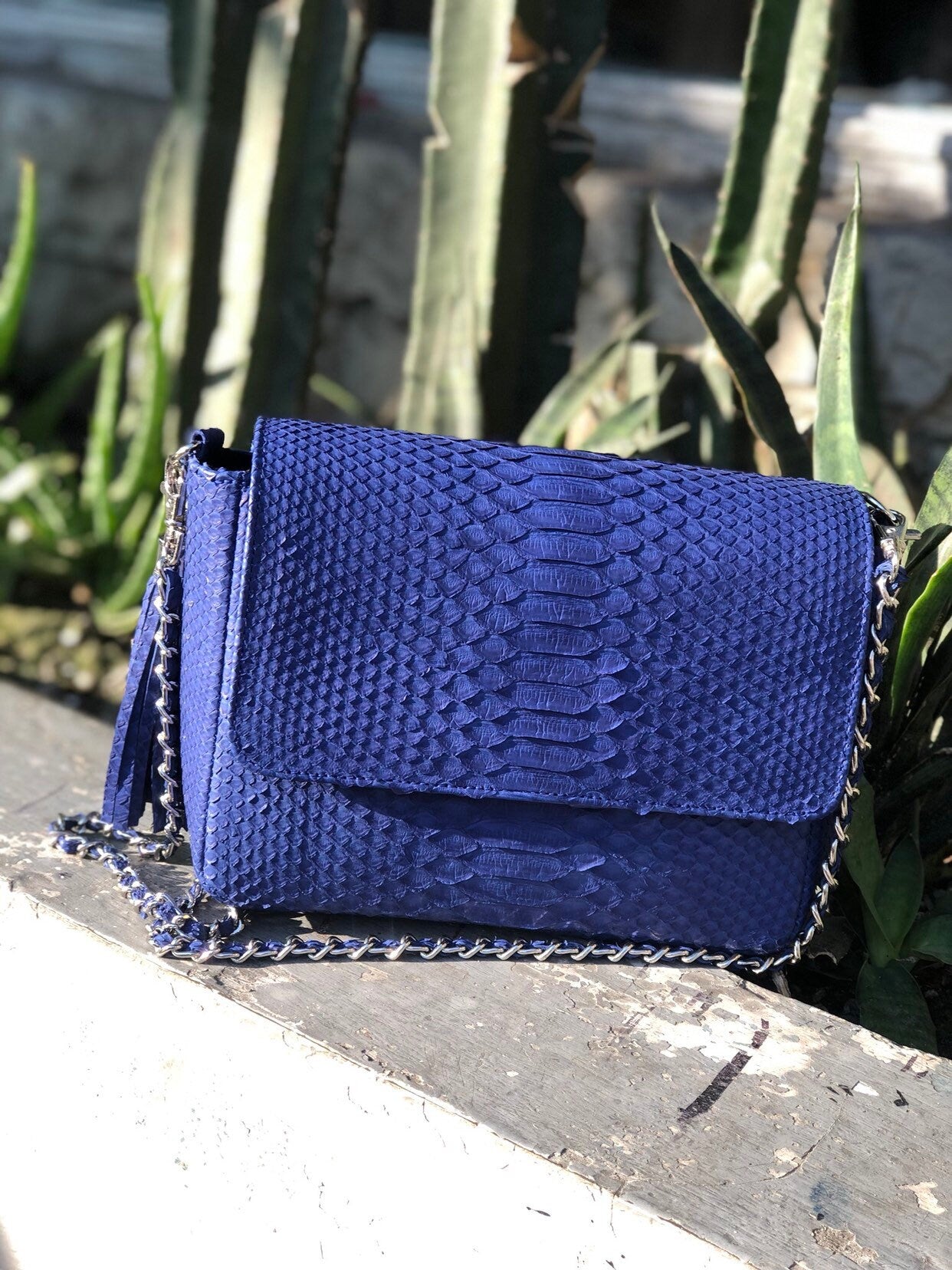 Genuine Python Skin Crossbody Bag — Dark Blue