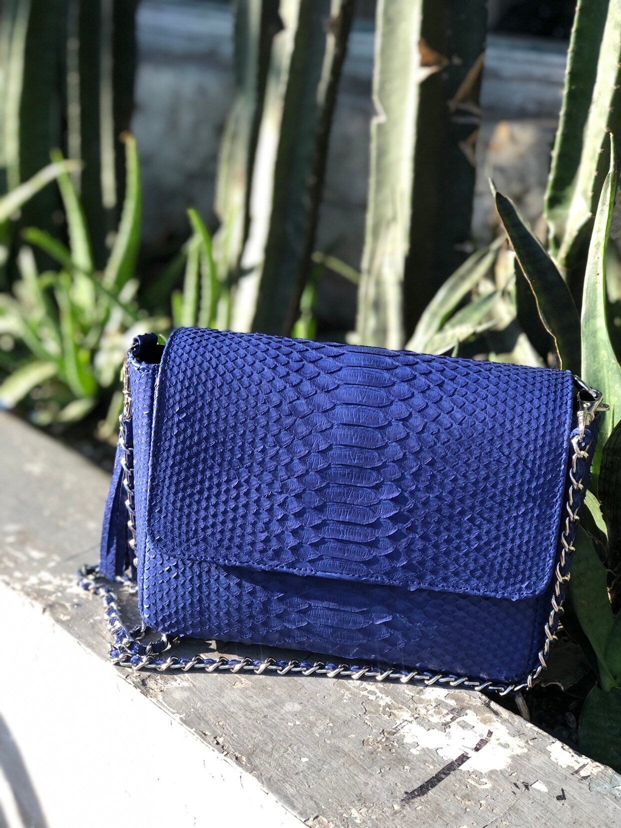 Genuine Python Skin Crossbody Bag — Dark Blue