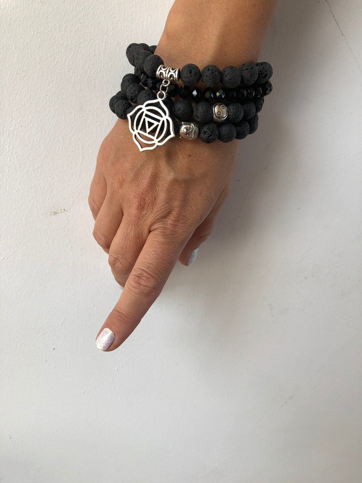 Lava Stone & Crystal Bracelet Set — Black