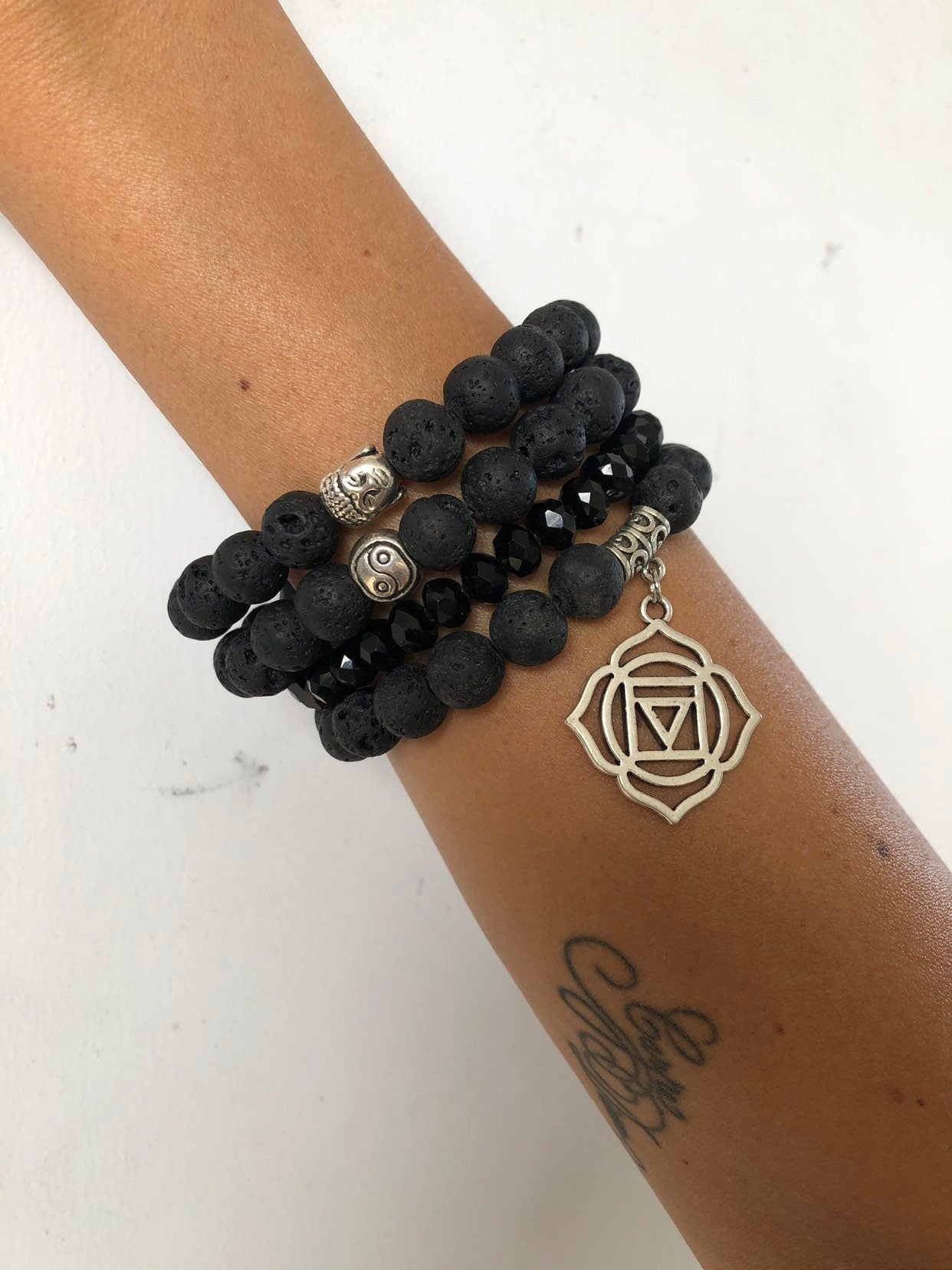 Lava Stone & Crystal Bracelet Set — Black