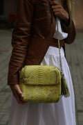 Genuine python skin crossbody chain yellow snake print tassel bag, summer bag elegant leather, snakeprint bag, convertable bag, yellow bag — Red