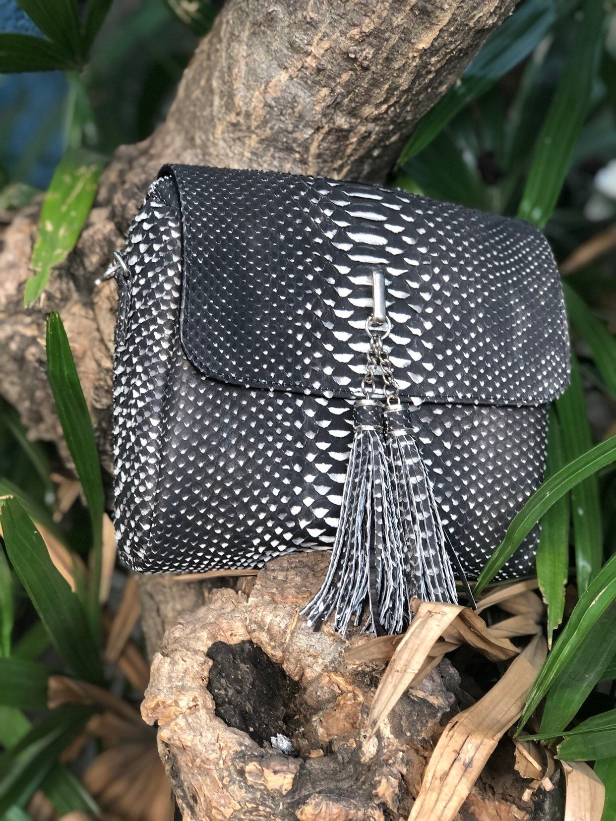 Genuine Python Skin Classy Crossbody Chain Bag Handmade — Black
