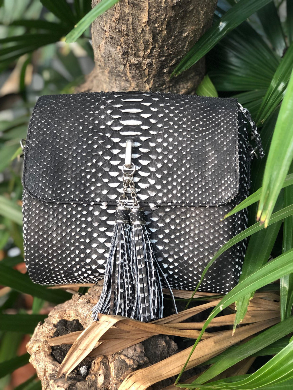 Genuine Python Skin Classy Crossbody Chain Bag Handmade — Black