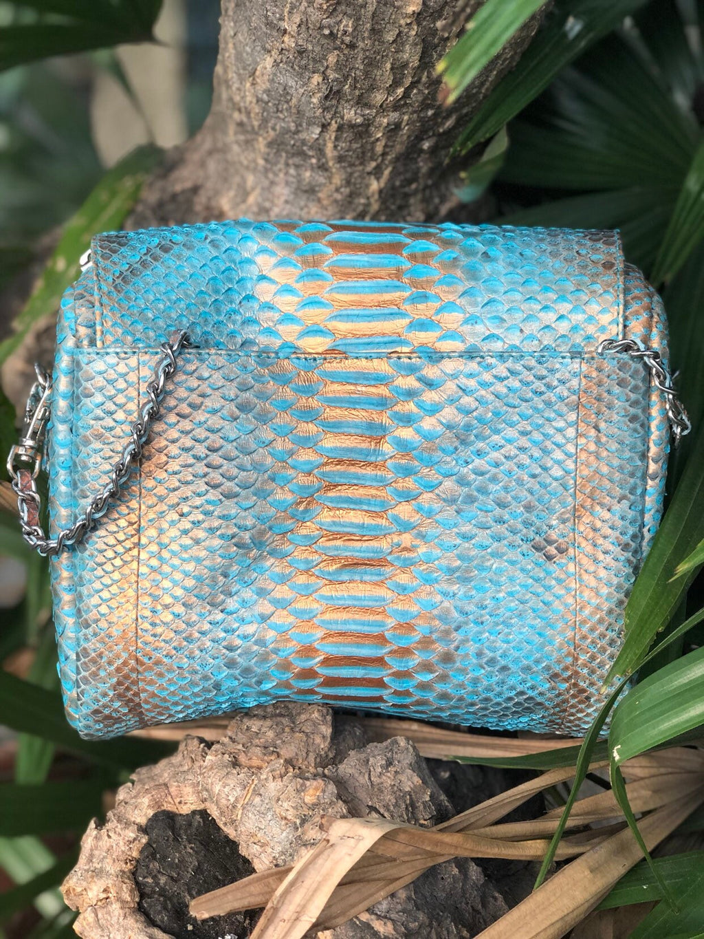 Genuine Python Skin Classy Crossbody Chain Bag Handmade — Blue