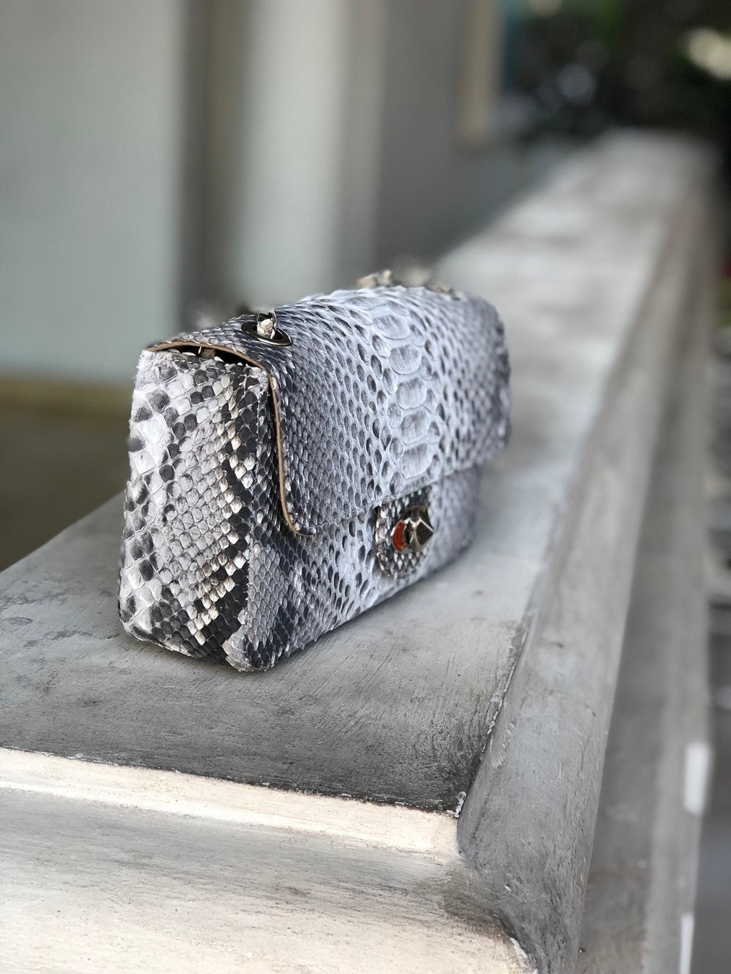Genuine Python Skin Crossbody Natural Scale Gray Bag — Red