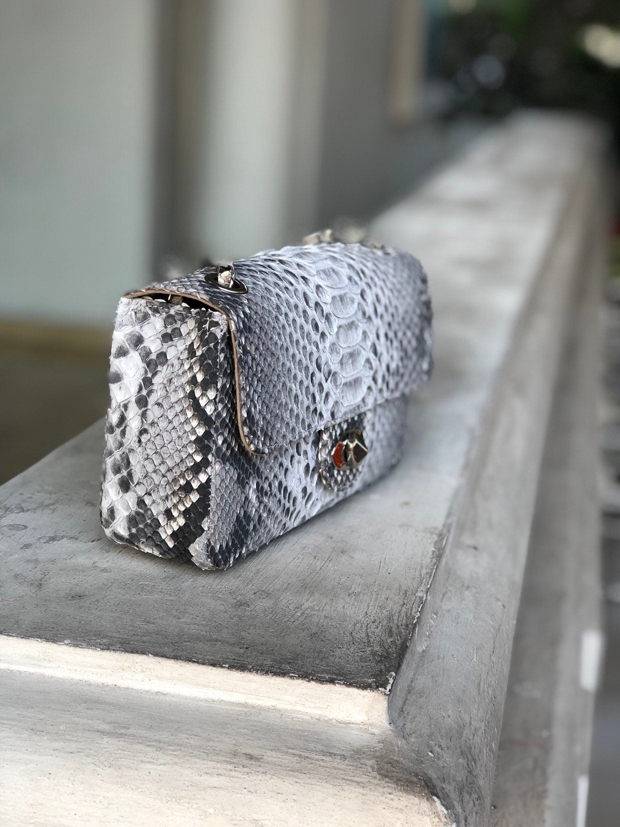 Genuine Python Skin Crossbody Natural Scale Gray Bag — Red