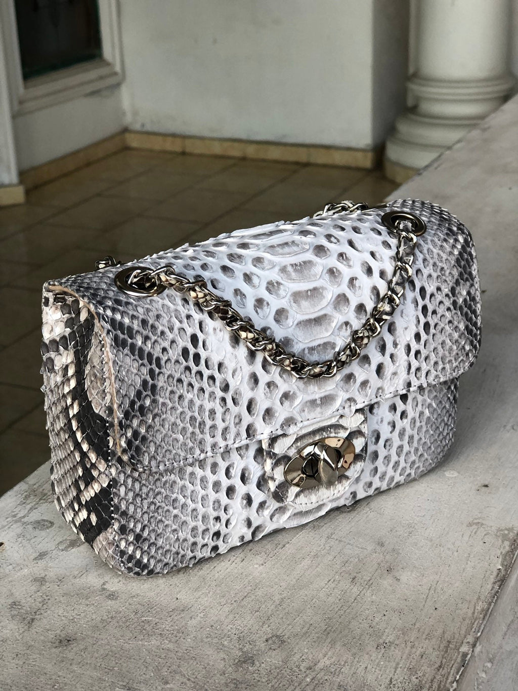 Genuine Python Skin Small Crossbody Bag — Light Grey