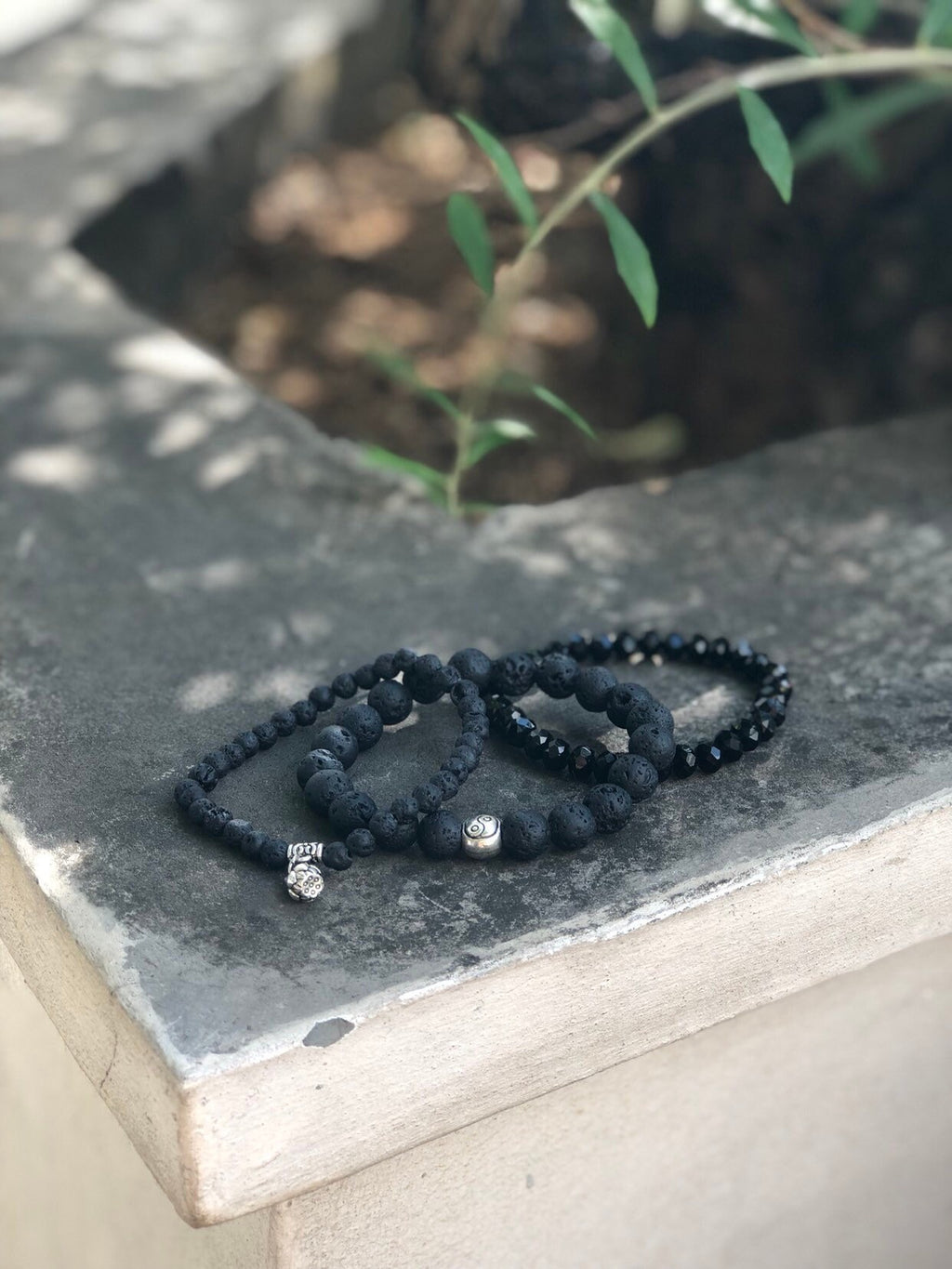 Lava Stone & Crystal Bracelet Set — Black