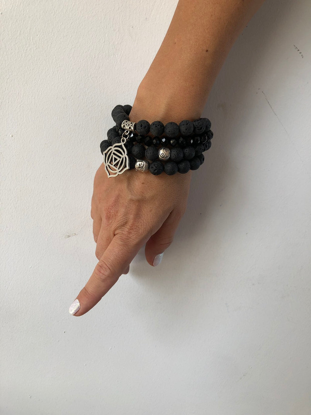Lava Stone & Crystal Bracelet Set — Black