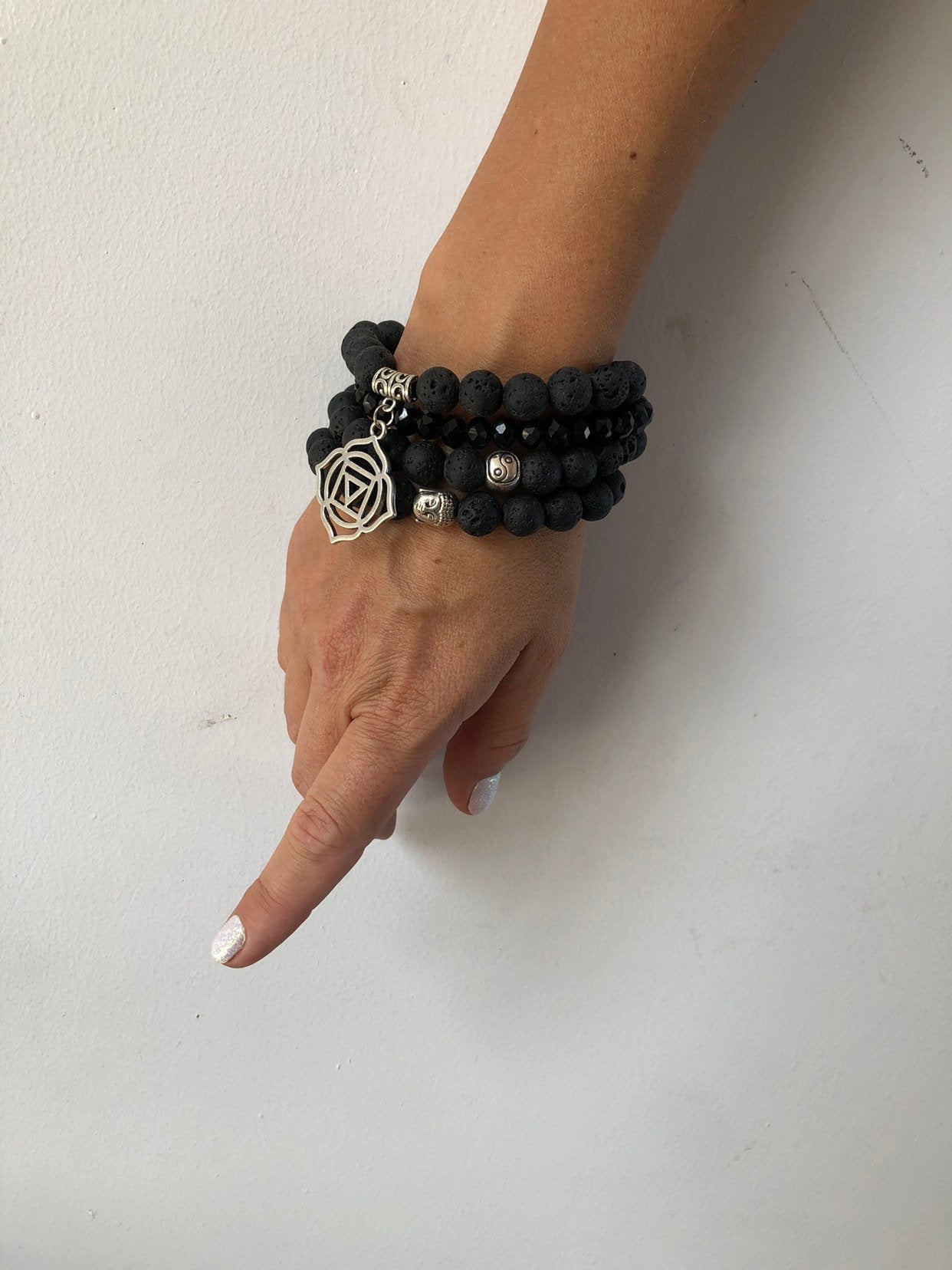 Lava Stone & Crystal Bracelet Set — Black