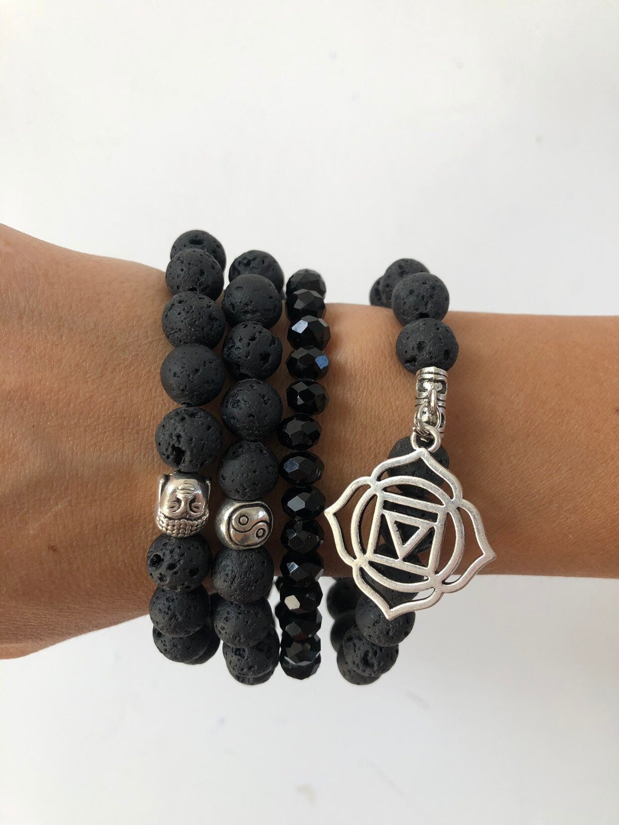 Lava Stone & Crystal Bracelet Set — Black