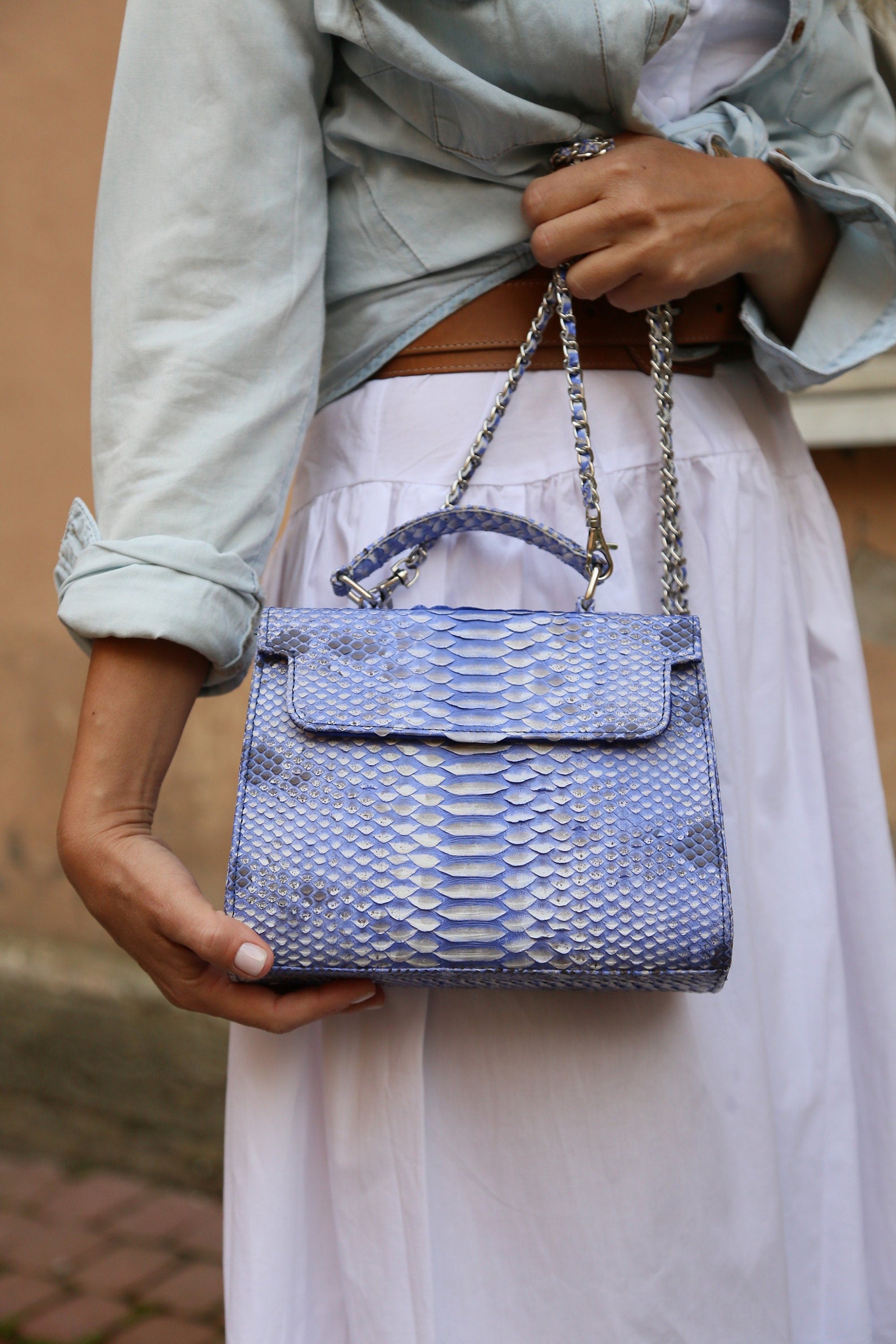 Genuine Python Skin Crossbody Handle Bag — Light Blue