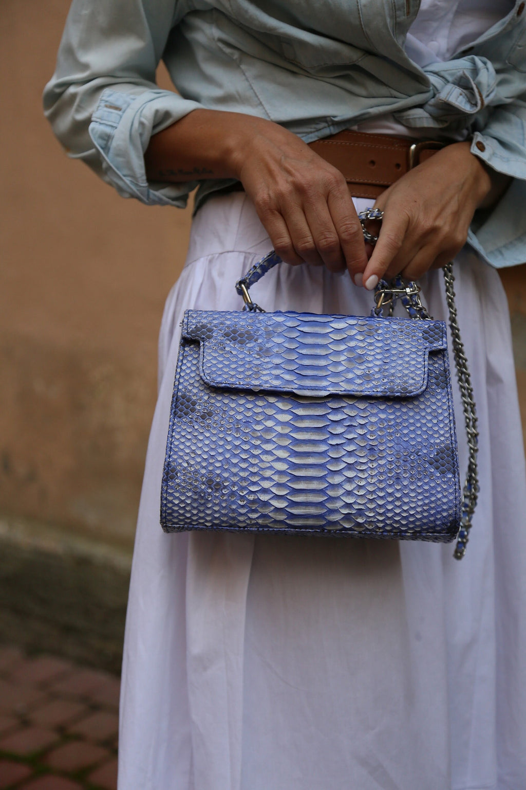 Genuine Python Skin Crossbody Handle Bag — Light Blue