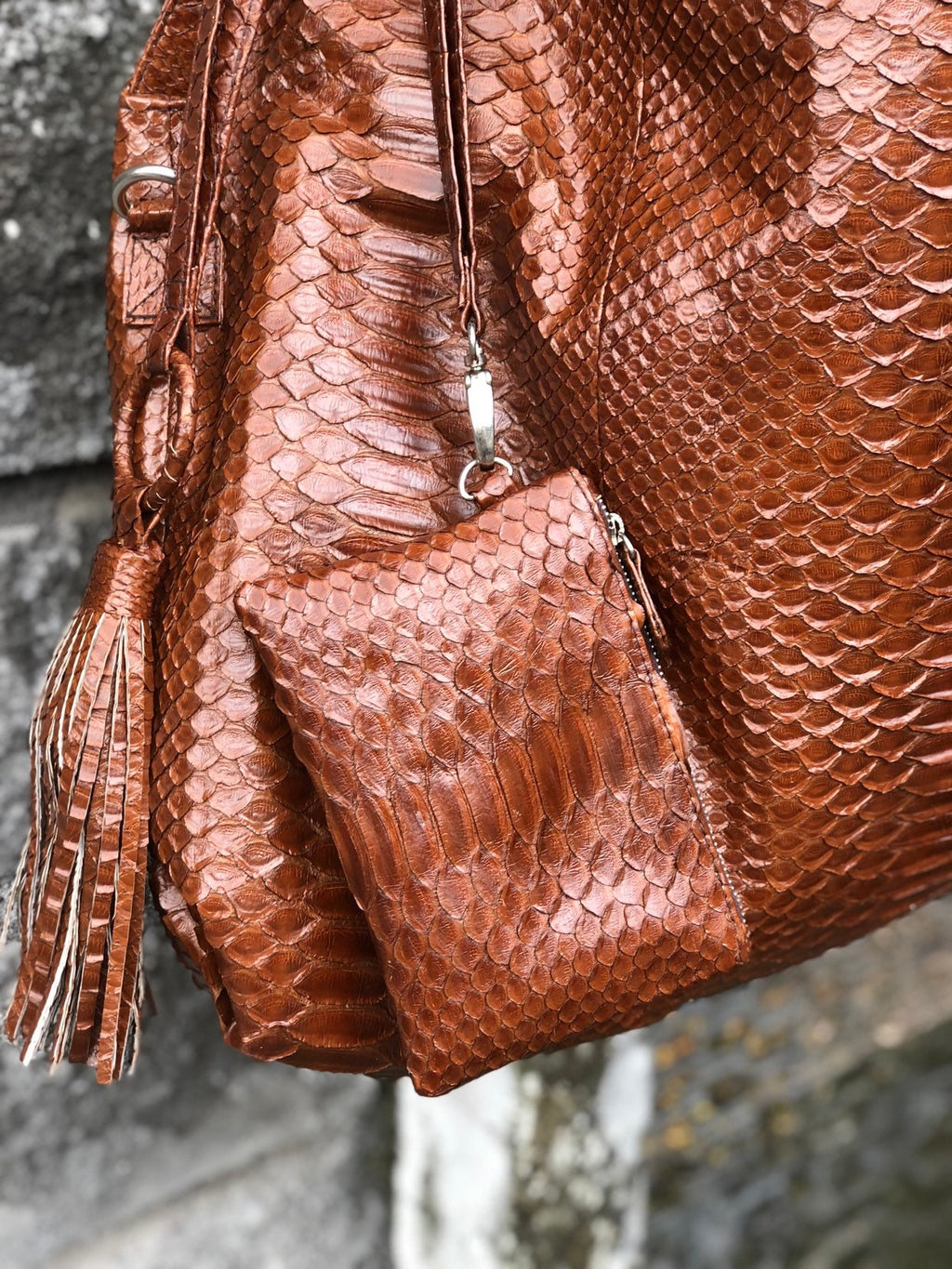 Big Soft Hobo Genuine Python Skin Polished Brown Bag — Red