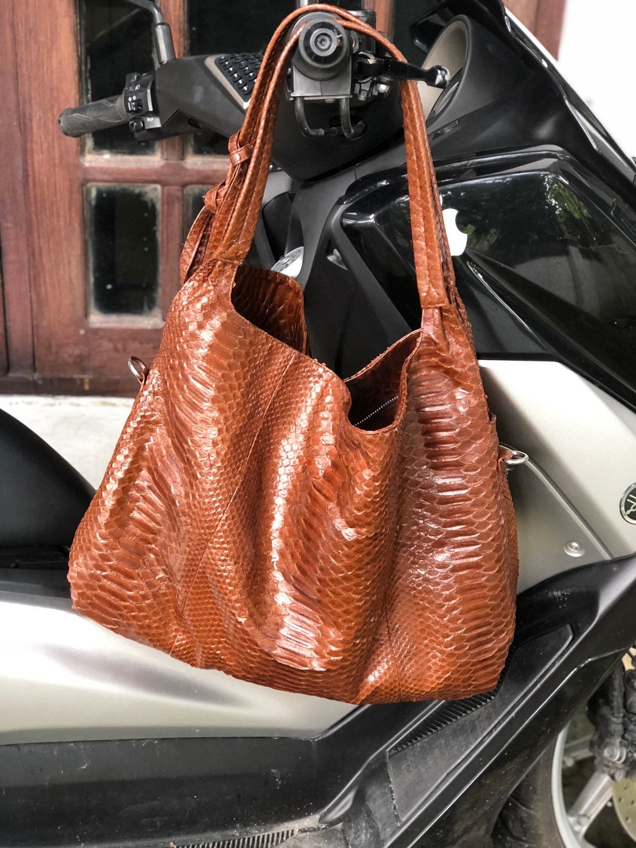 Big Soft Hobo Genuine Python Skin Polished Brown Bag — Red