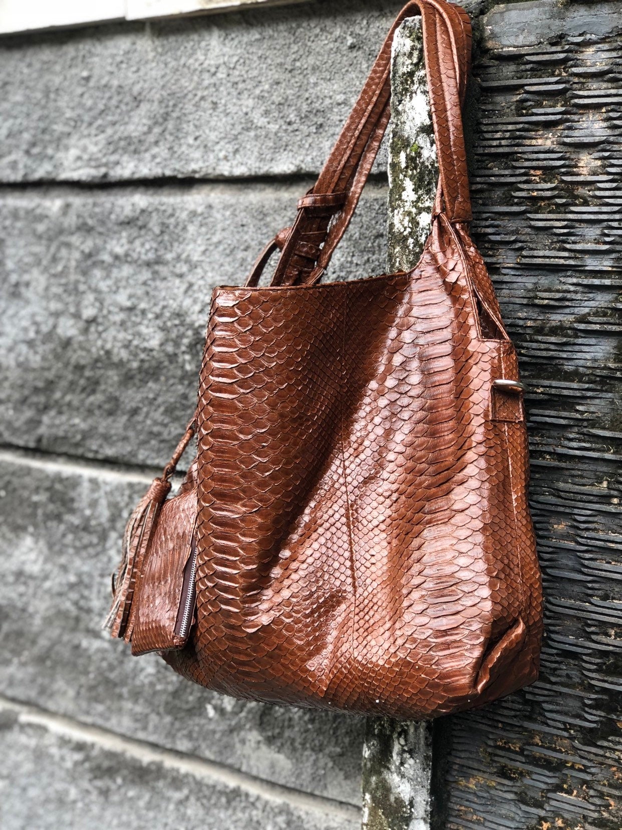 Big Soft Hobo Genuine Python Skin Polished Brown Bag — Red