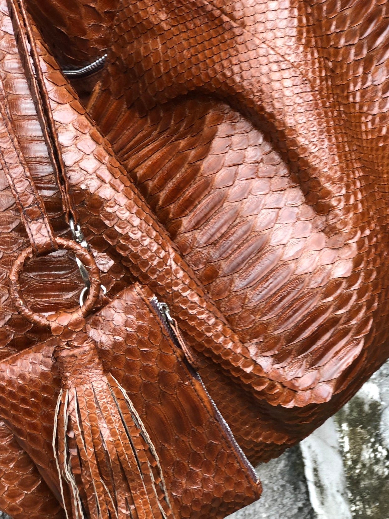 Big Soft Hobo Genuine Python Skin Polished Brown Bag — Red