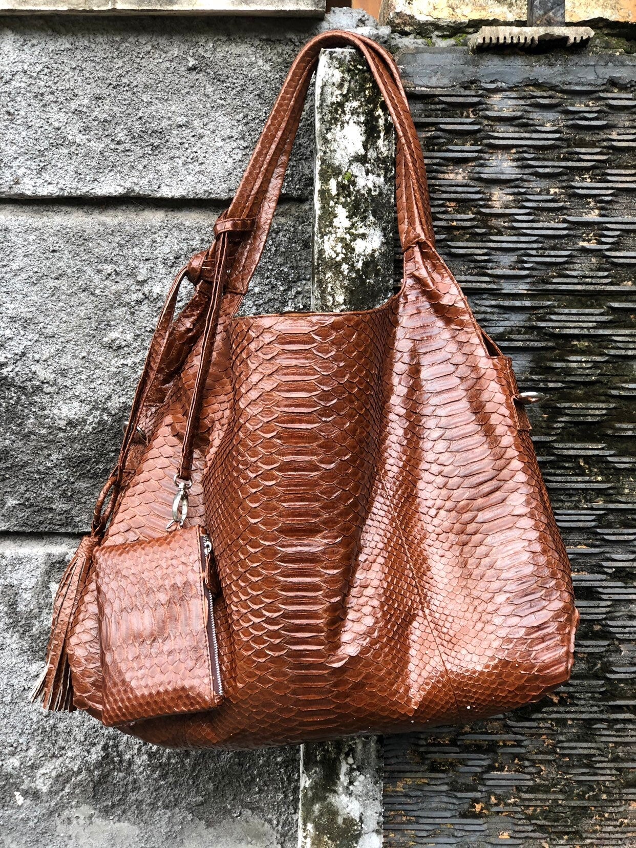 Big Soft Hobo Genuine Python Skin Polished Brown Bag — Red