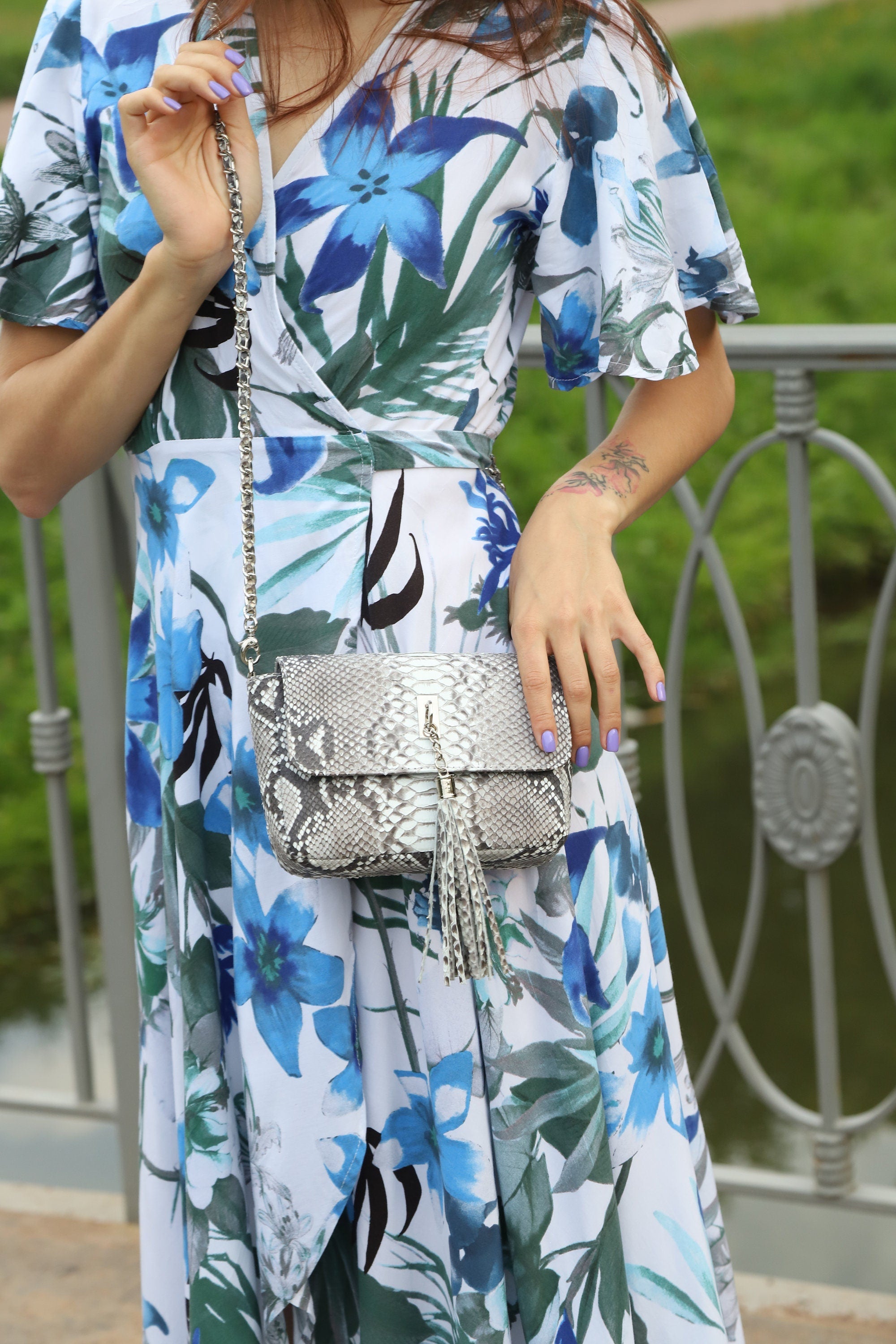 Genuine Python Skin Chain Tassel Crossbody Bag