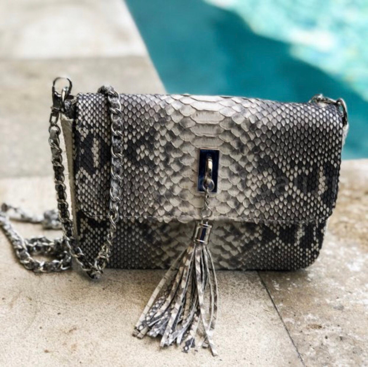 Genuine Python Skin Chain Tassel Crossbody Bag