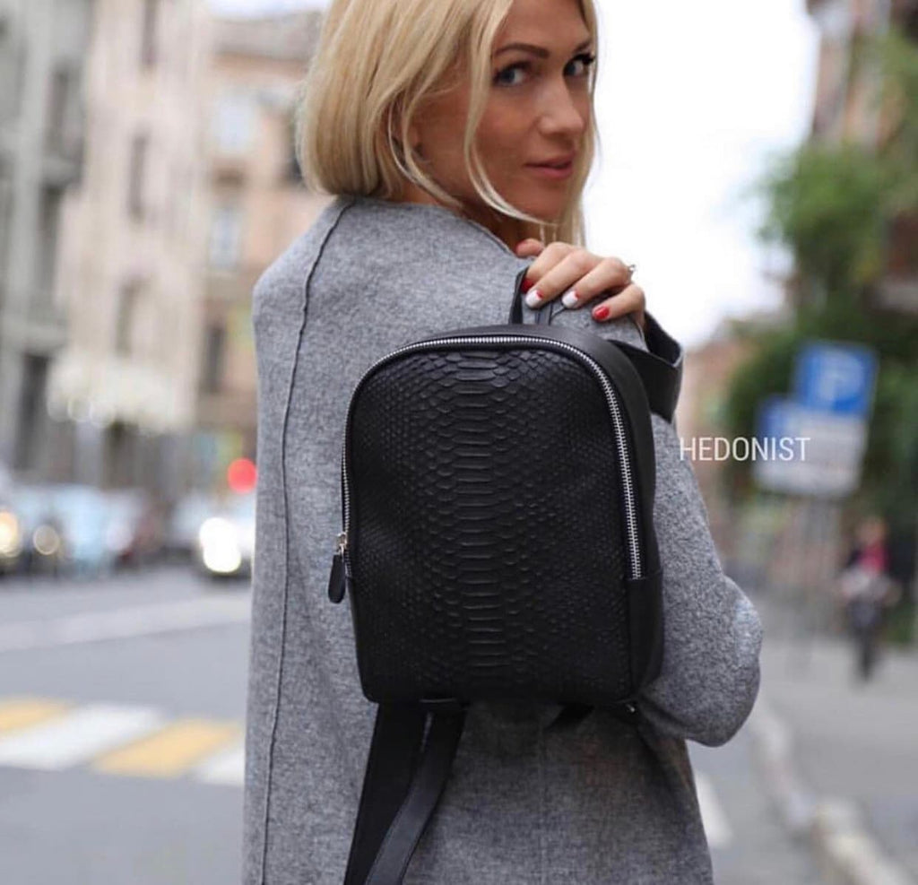 Genuine Python Skin Leather Backpack — Black