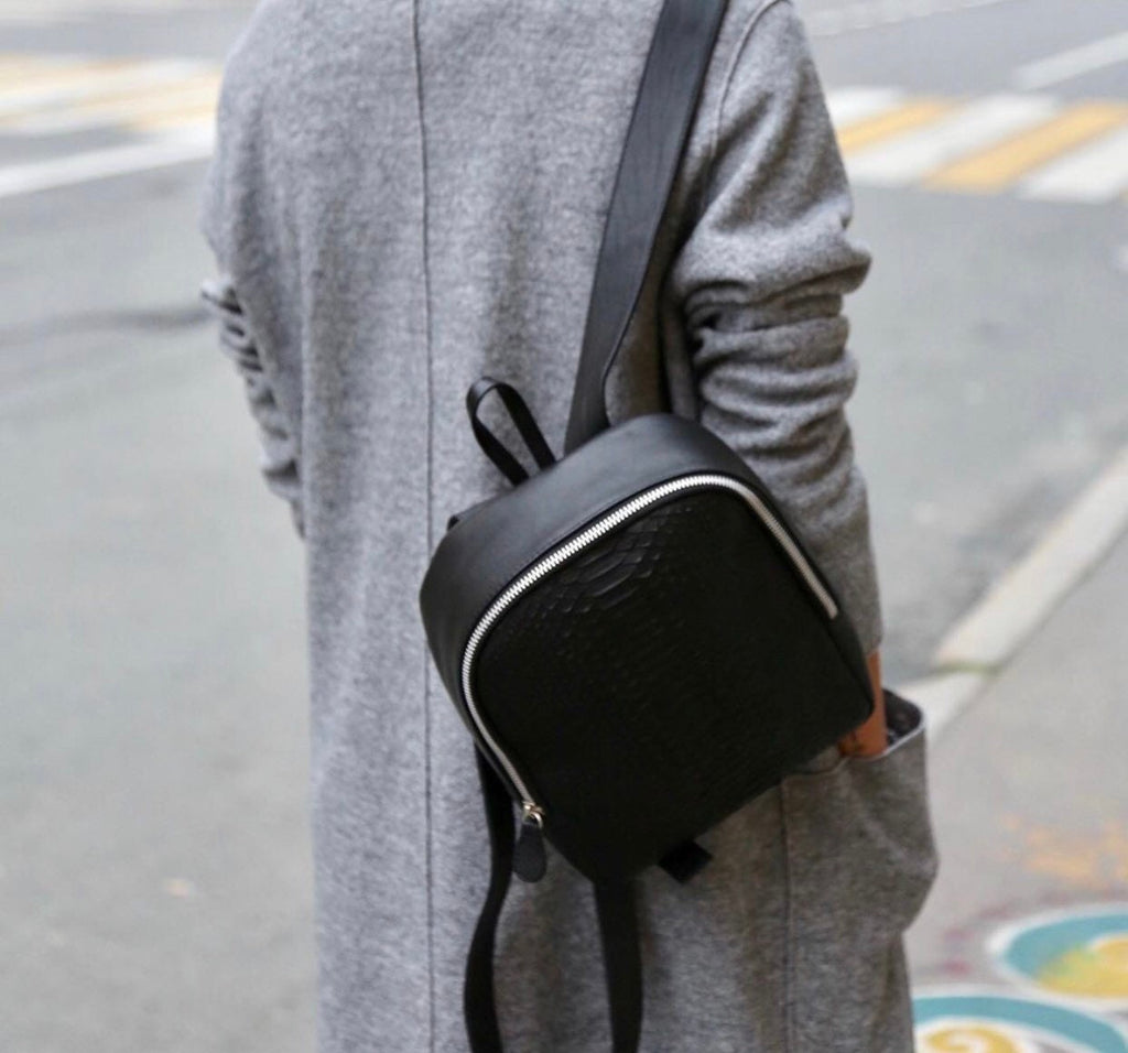 Genuine Python Skin Leather Backpack — Black