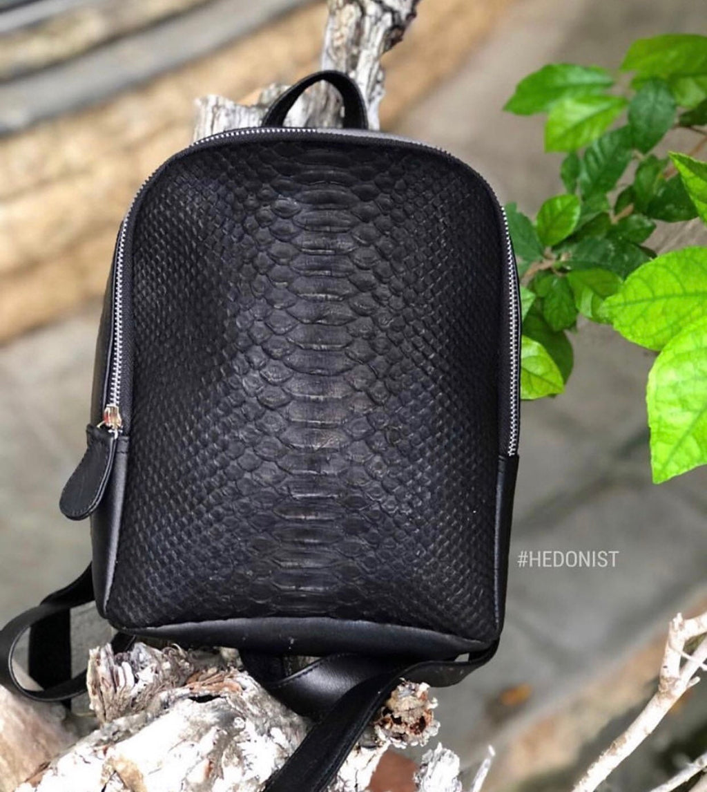 Genuine Python Skin Leather Backpack — Black