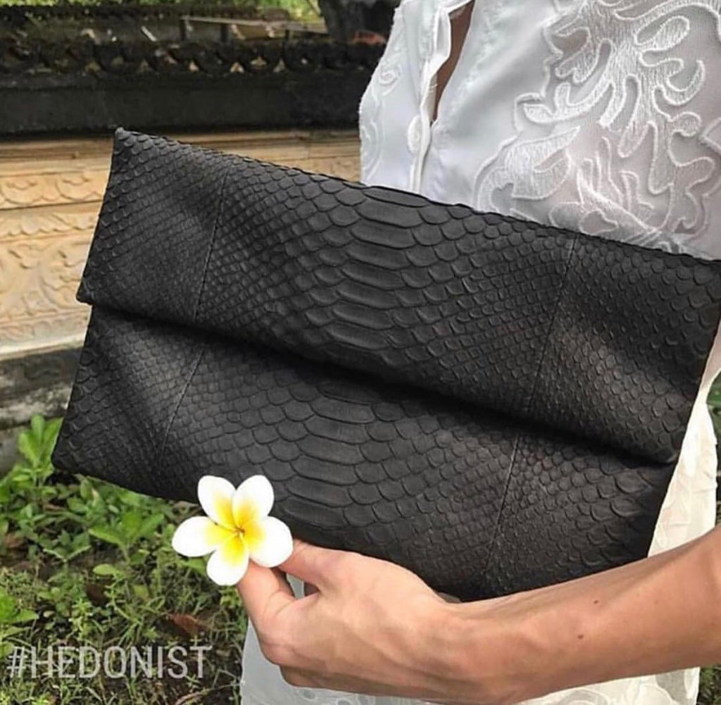 Genuine Python Skin Envelope Clutch — Black