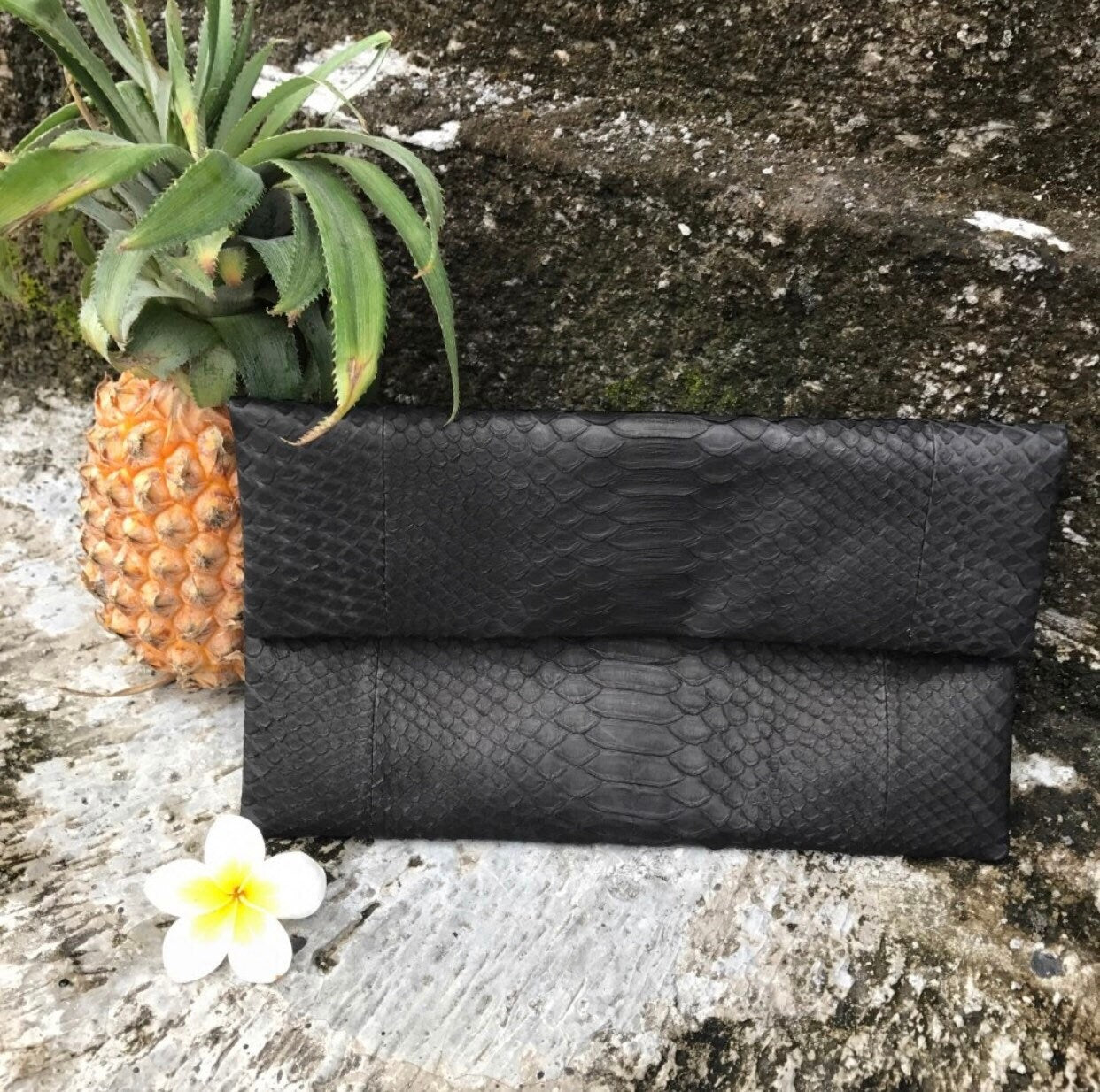 Genuine Python Skin Envelope Clutch — Black