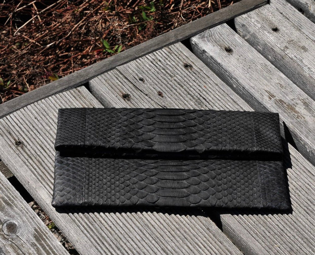 Genuine Python Skin Envelope Clutch — Black